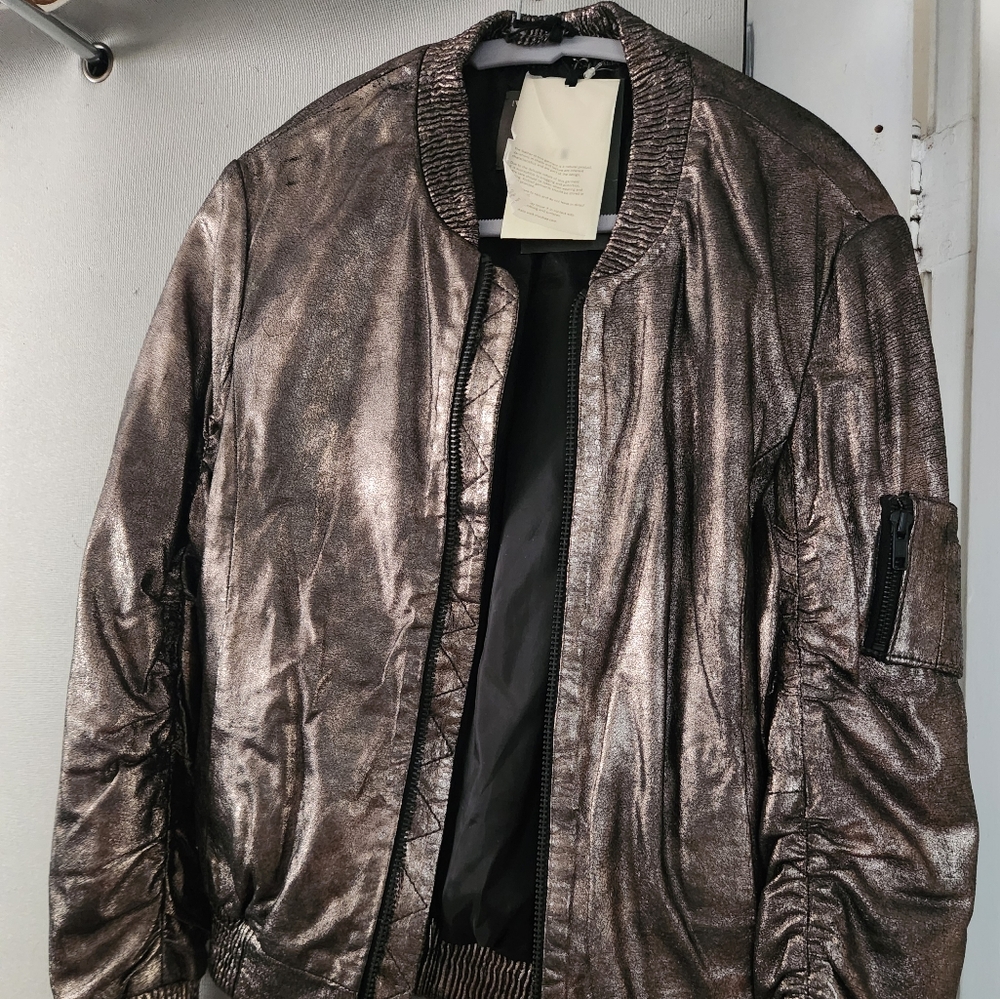 Muubaa Shimmery Bronze Bomber Jacket with Relaxed Fit